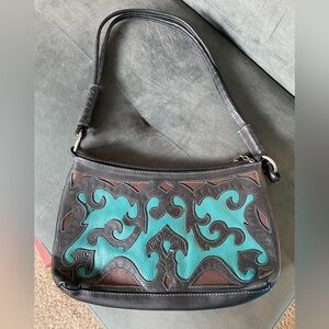 Western Chic Black and Teal Shoulder engraved leather Bag with strap